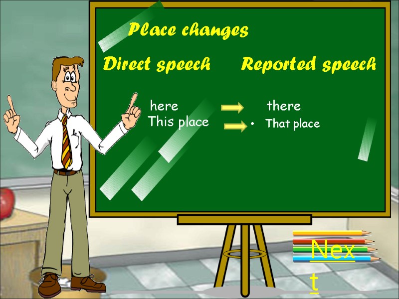Place changes Direct speech Reported speech here there This place That place  Next